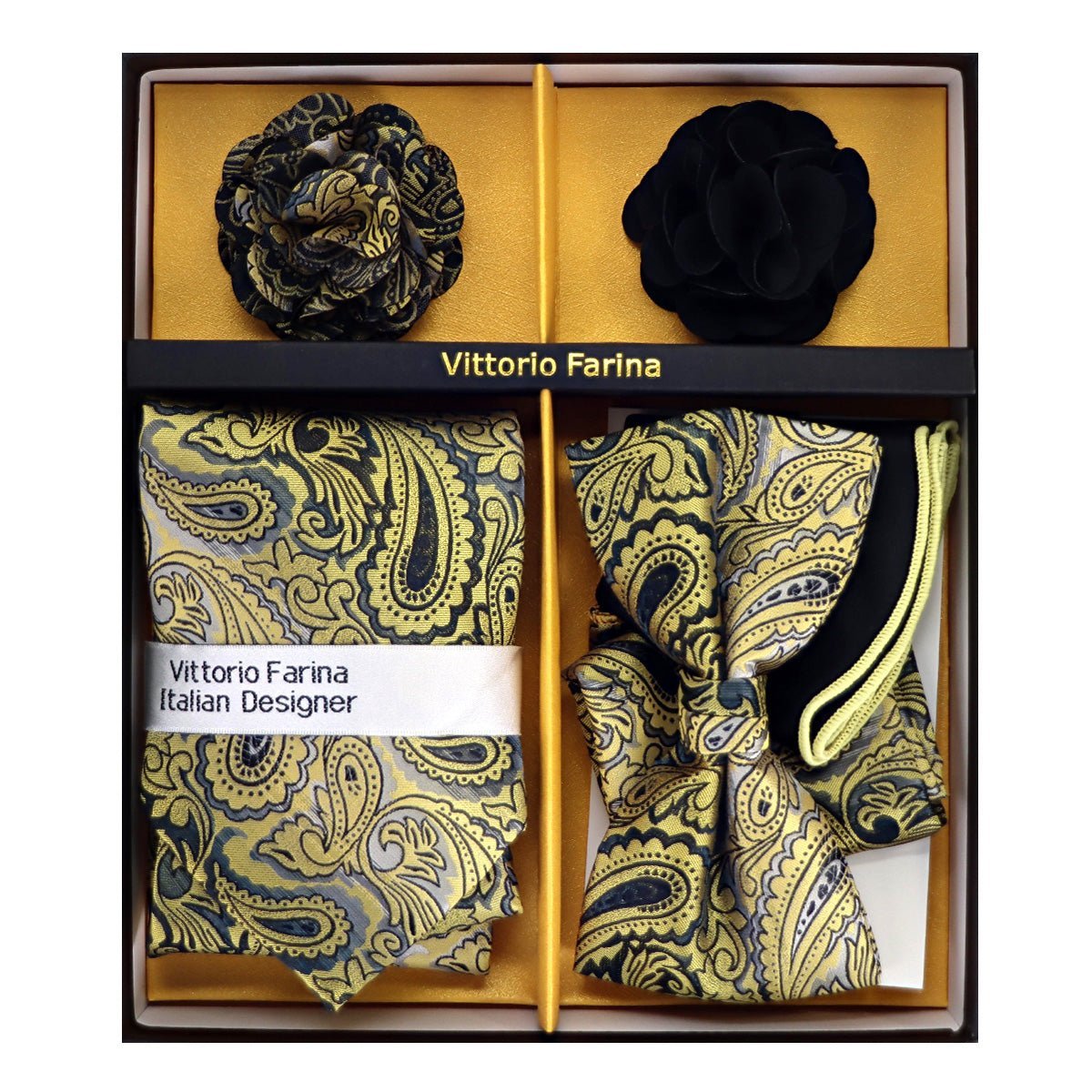 Vittorio Farina Men's Design Necktie, Bow Tie, Pocket Squares and Flower Lapel Pin in a Gift Box - Suits You Sir - GB - NHBL - D_21065 -