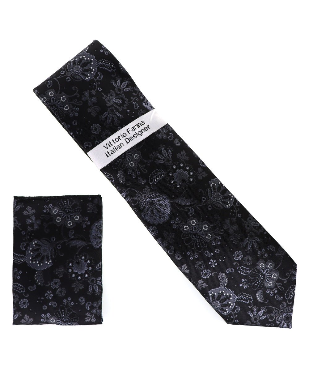 Vittorio Farina Men's Floral Design Necktie & Pocket Square - Suits You Sir - D - 1385 -