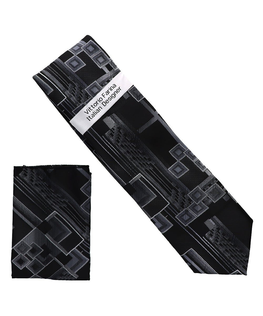 Vittorio Farina Men's Geometric Design Necktie & Pocket Square - Suits You Sir - D - 1395 -