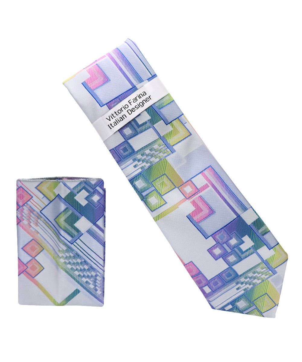 Vittorio Farina Men's Geometric Design Necktie & Pocket Square - Suits You Sir - D - 1396 -
