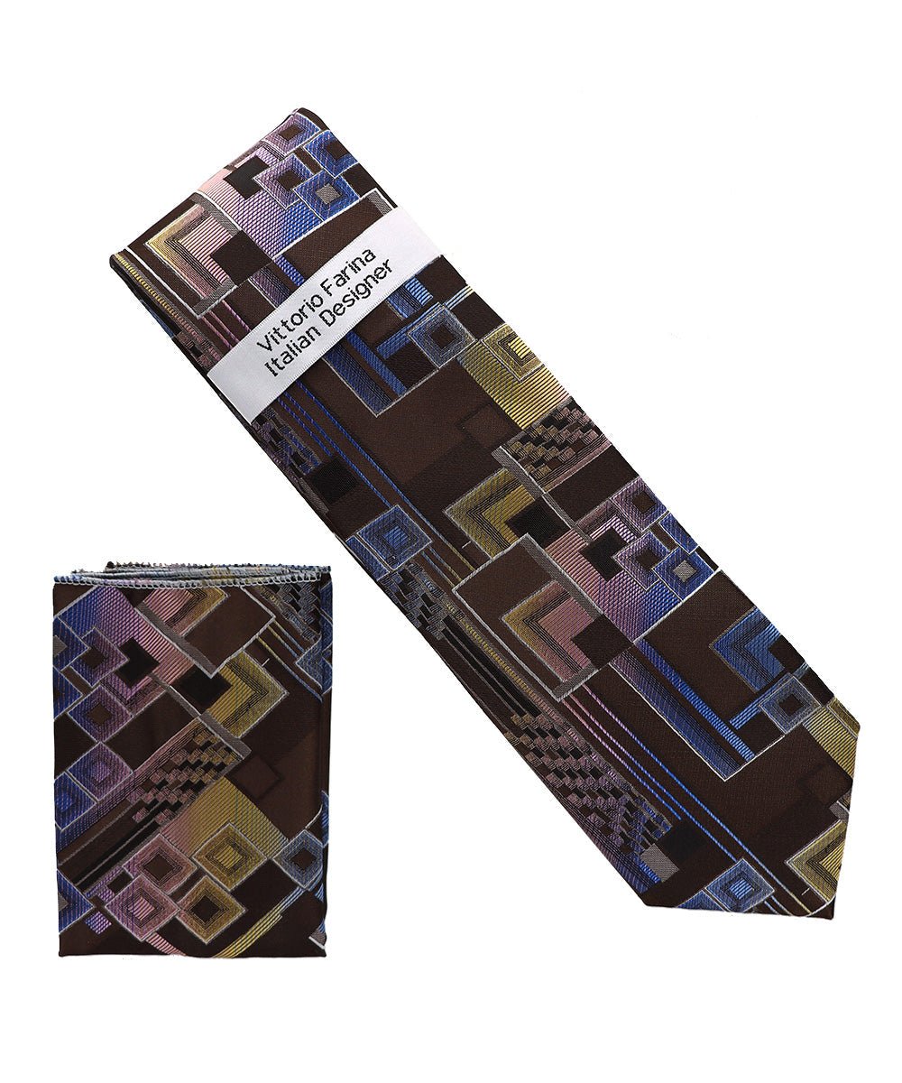 Vittorio Farina Men's Geometric Design Necktie & Pocket Square - Suits You Sir - D - 1396 -