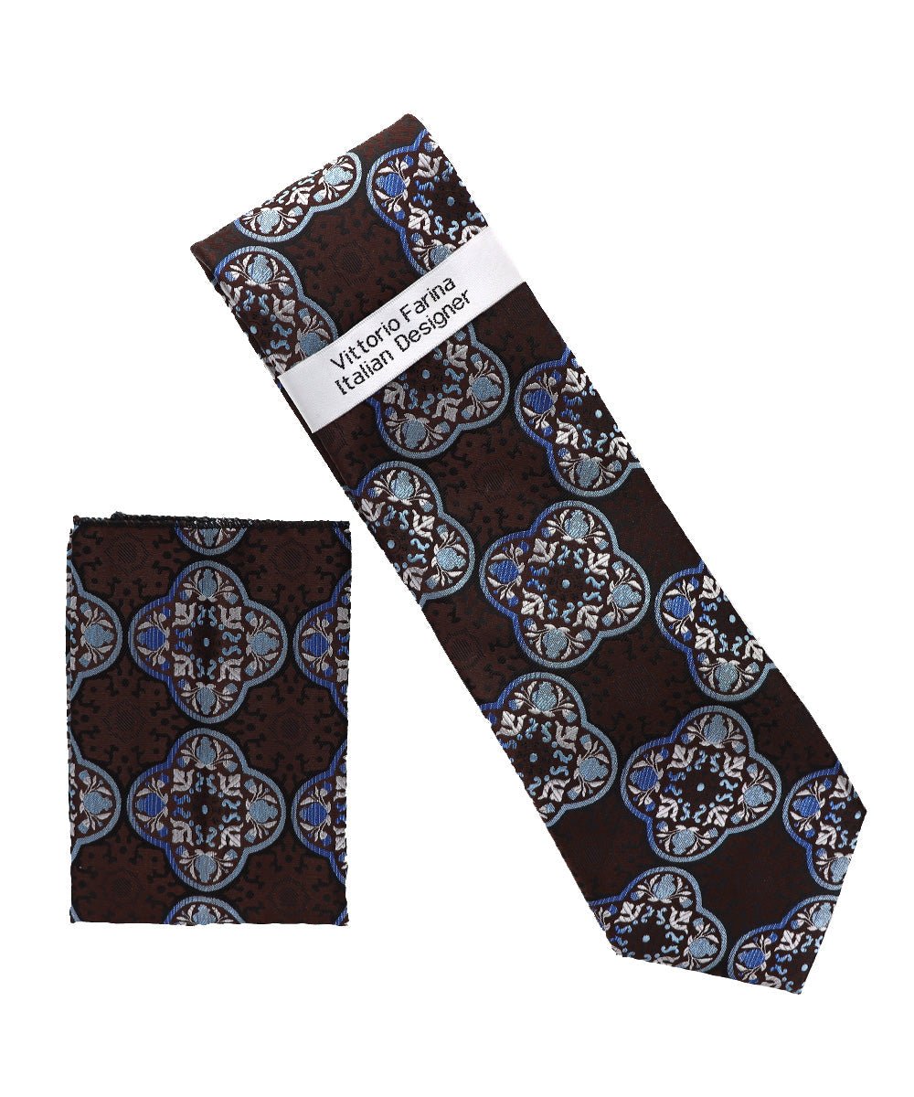 Vittorio Farina Men's Geometric Design Necktie & Pocket Square - Suits You Sir - D - 1408 -