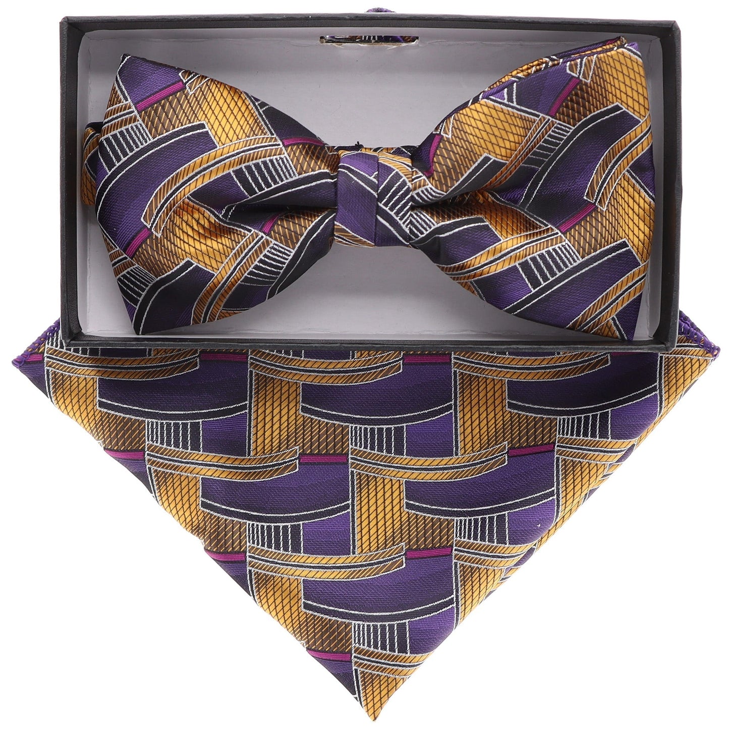 Vittorio Farina Men's Geometric Design Satin Bow Tie & Pocket Square in Gift Box - Suits You Sir - BH - 21108 -