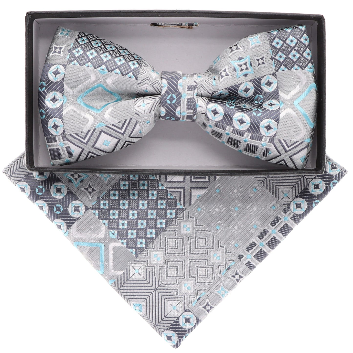 Vittorio Farina Men's Geometric Design Satin Bow Tie & Pocket Square in Gift Box - Suits You Sir - BH - 21161 -