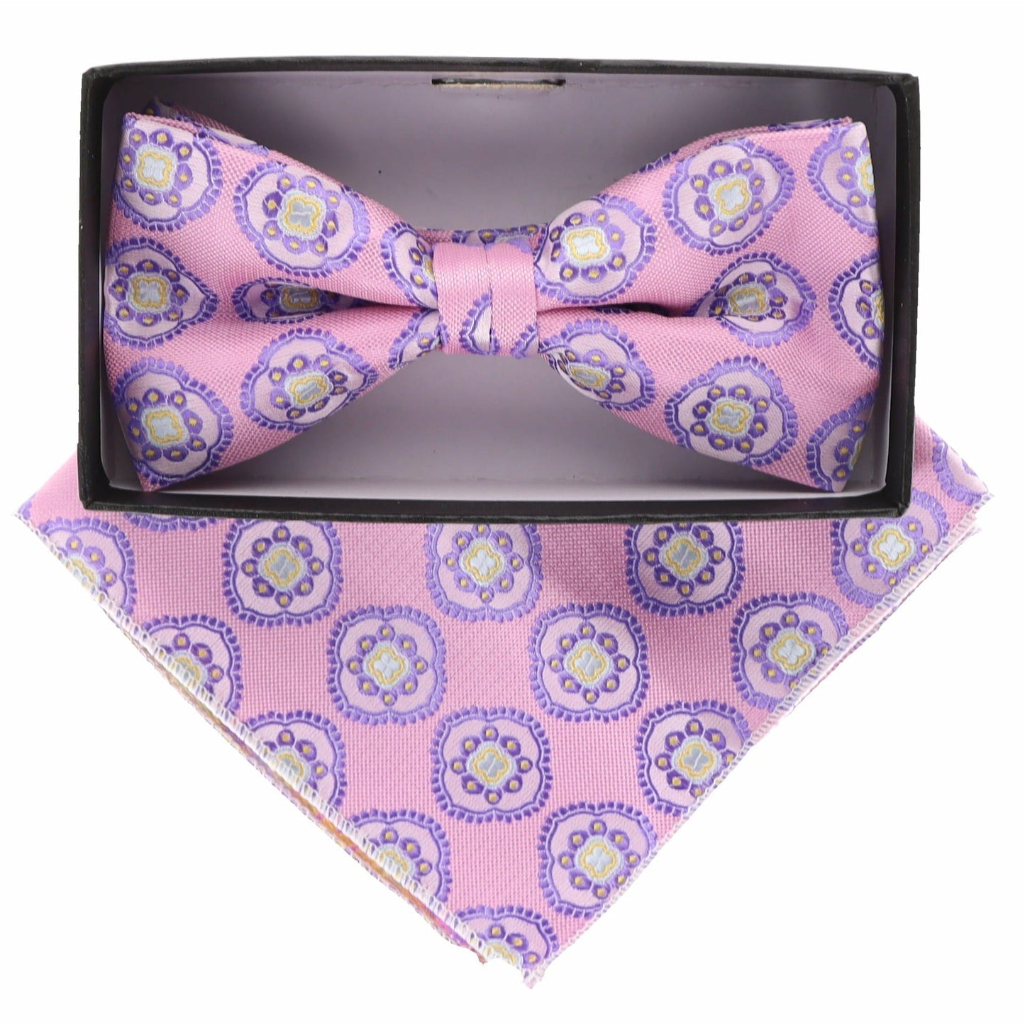 Vittorio Farina Men's Geometric Design Satin Bow Tie & Pocket Square in Gift Box - Suits You Sir - bh - 5094 -