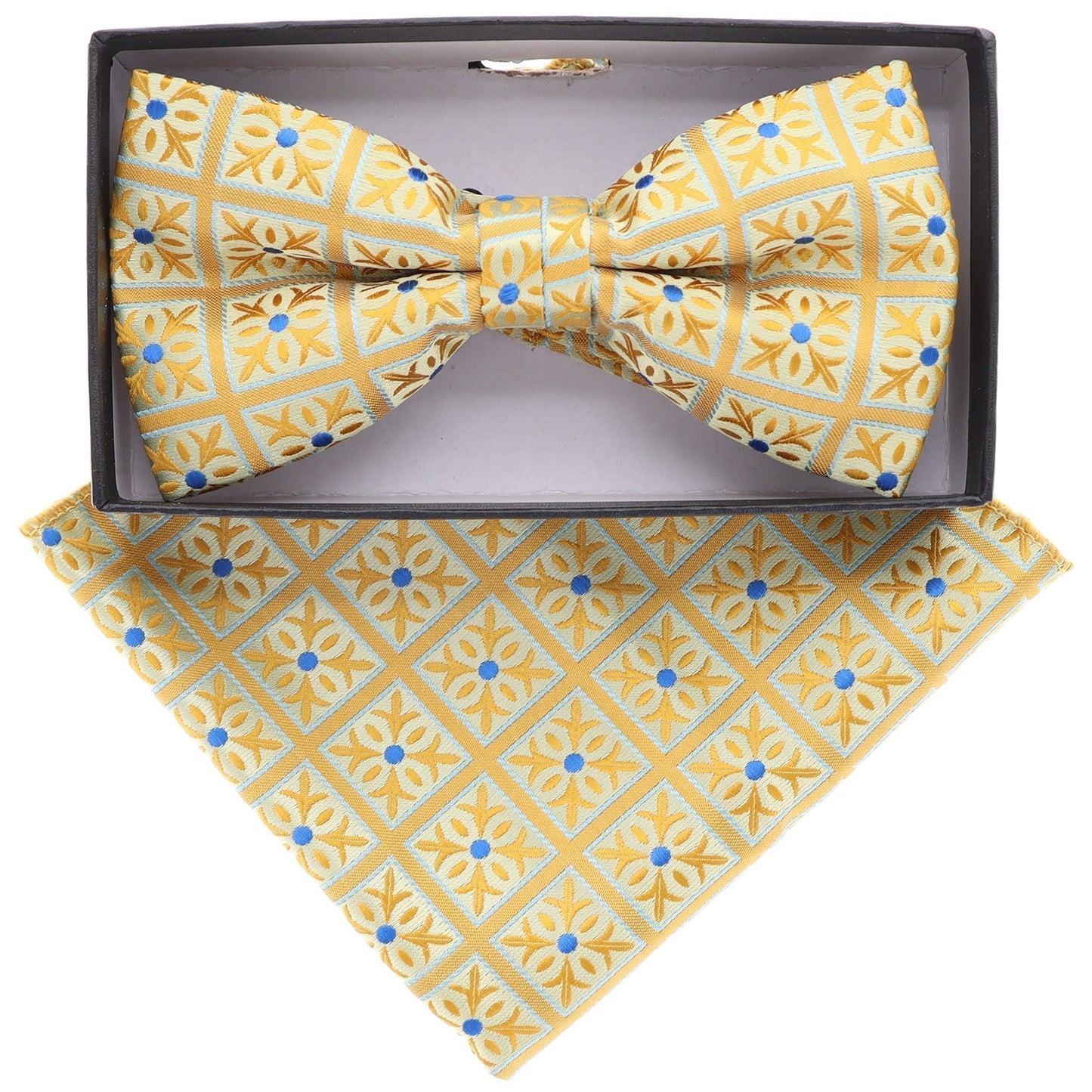 Vittorio Farina Men's Geometric Design Satin Bow Tie & Pocket Square in Gift Box - Suits You Sir - bh - 5094 -