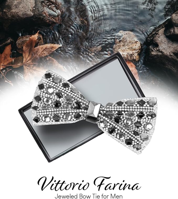 Vittorio Farina Men's Jeweled Bow Tie in Gift Box - Suits You Sir - Jeweled: Silver and Black -