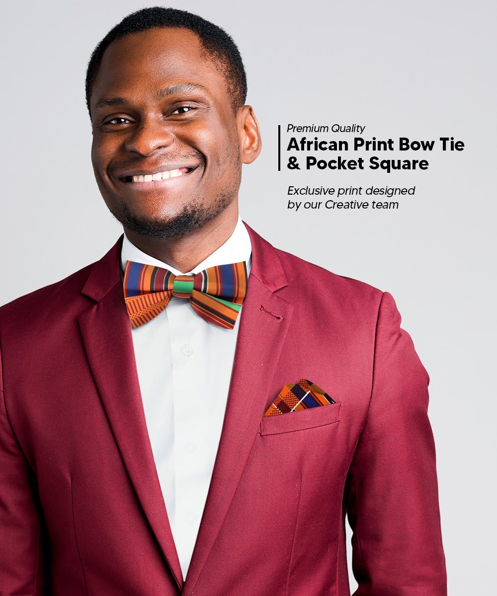 Vittorio Farina Men's Kente Satin Bow Tie & Pocket Square in Gift Box - Suits You Sir - Kente 1 -