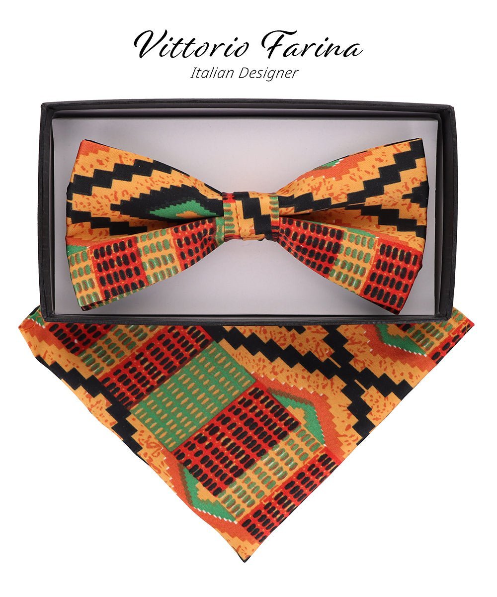 Vittorio Farina Men's Kente Satin Bow Tie & Pocket Square in Gift Box - Suits You Sir - Kente 2 -