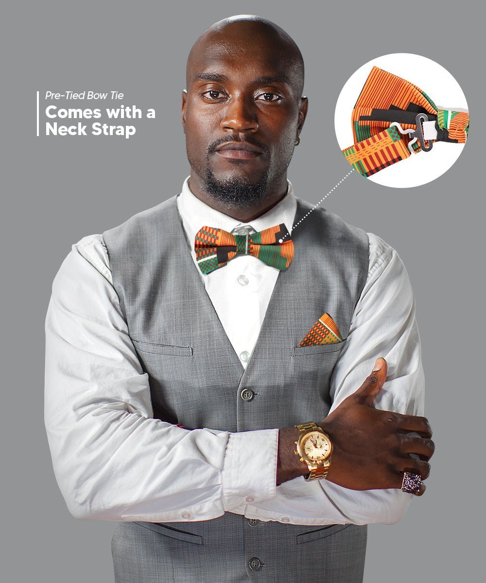 Vittorio Farina Men's Kente Satin Bow Tie & Pocket Square in Gift Box - Suits You Sir - Kente 3 -