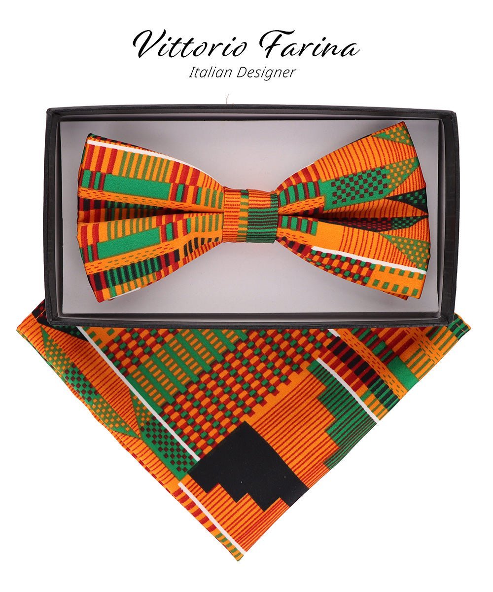 Vittorio Farina Men's Kente Satin Bow Tie & Pocket Square in Gift Box - Suits You Sir - Kente 3 -