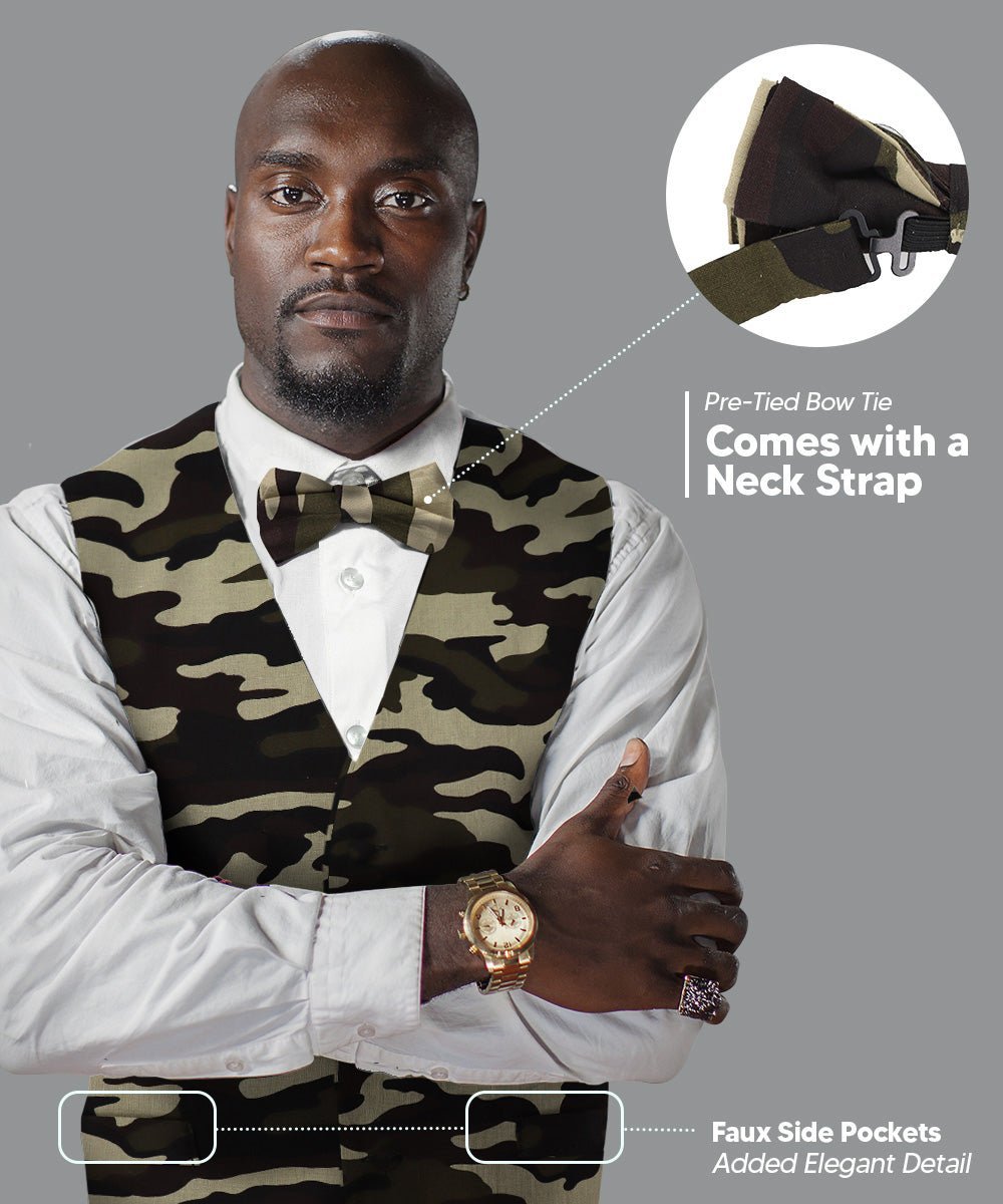 Vittorio Farina Men's Kente Satin Vest and Bow Tie Set - Suits You Sir - Camouflage - S