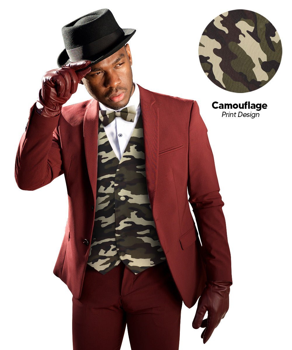 Vittorio Farina Men's Kente Satin Vest and Bow Tie Set - Suits You Sir - Camouflage - S