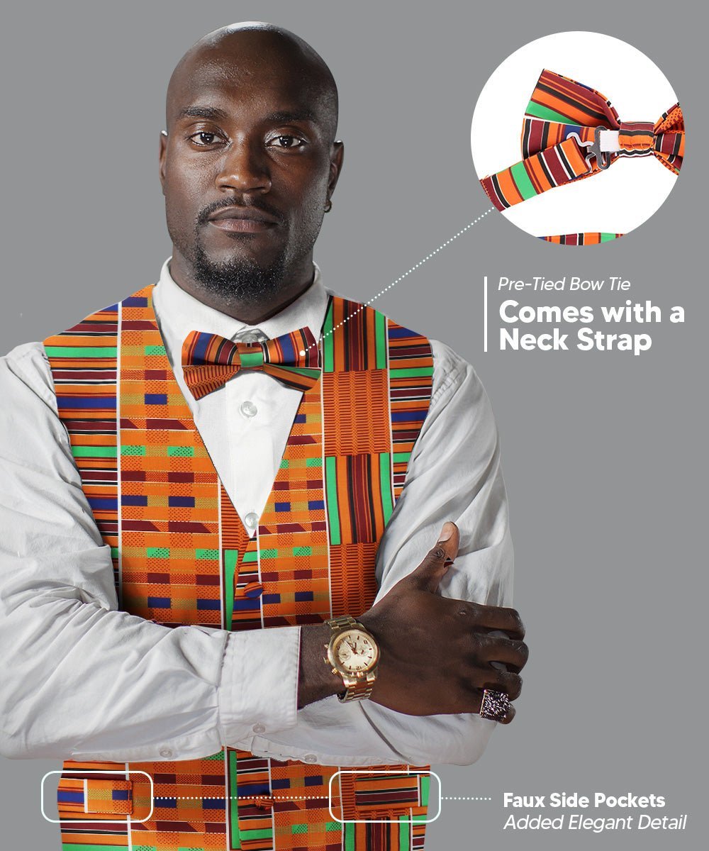 Vittorio Farina Men's Kente Satin Vest and Bow Tie Set - Suits You Sir - Kente 1 - S
