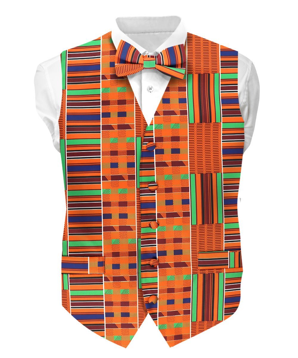 Vittorio Farina Men's Kente Satin Vest and Bow Tie Set - Suits You Sir - Kente 1 - S
