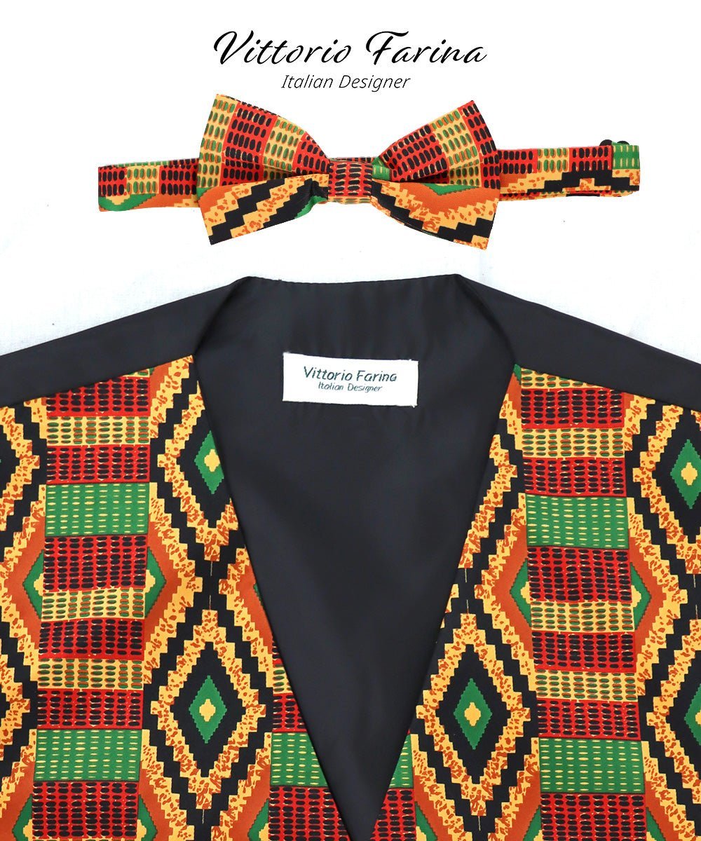 Vittorio Farina Men's Kente Satin Vest and Bow Tie Set - Suits You Sir - Kente 2 - S