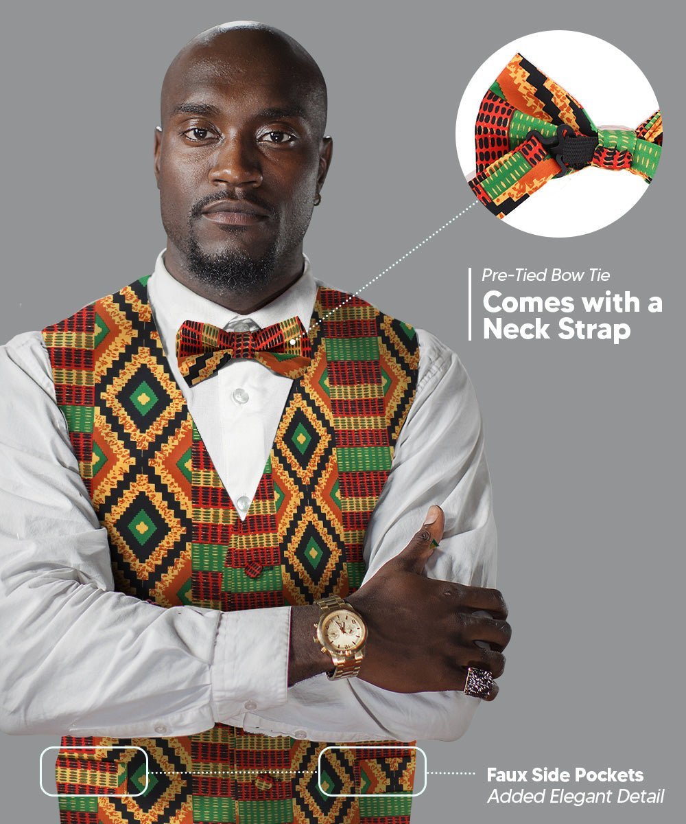 Vittorio Farina Men's Kente Satin Vest and Bow Tie Set - Suits You Sir - Kente 2 - S