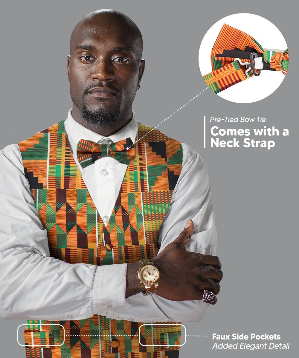 Vittorio Farina Men's Kente Satin Vest and Bow Tie Set - Suits You Sir - Kente 3 - S