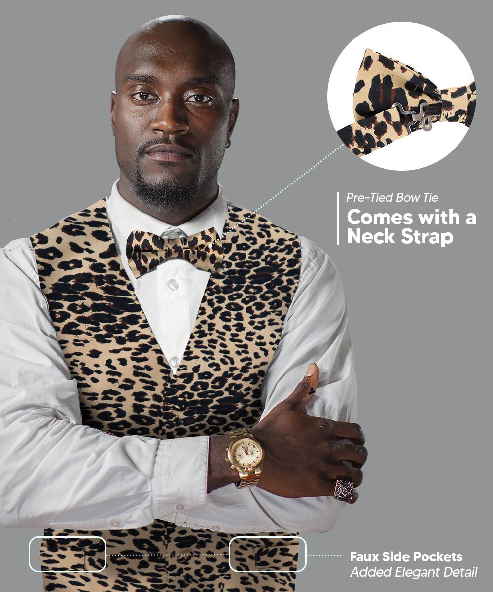 Vittorio Farina Men's Kente Satin Vest and Bow Tie Set - Suits You Sir - Leopard - S