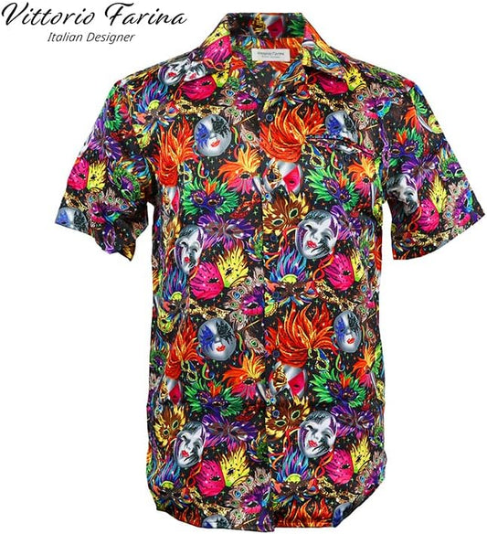 Vittorio Farina Men's Mardi Gras Button Down Collar Shirt - Suits You Sir - S - Mardi Original: Vibrant Party Mask