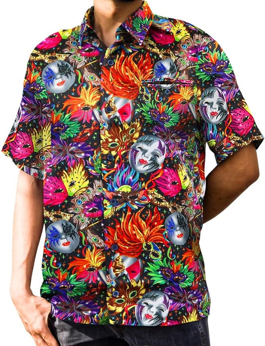 Vittorio Farina Men's Mardi Gras Button Down Collar Shirt - Suits You Sir - S - Mardi Original: Vibrant Party Mask