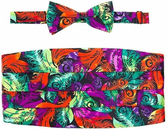 Vittorio Farina Men's Mardi Gras Cummerbund, Bow Tie and Pocket Square Set - Suits You Sir - Mardi 3: Vibrant Feather -