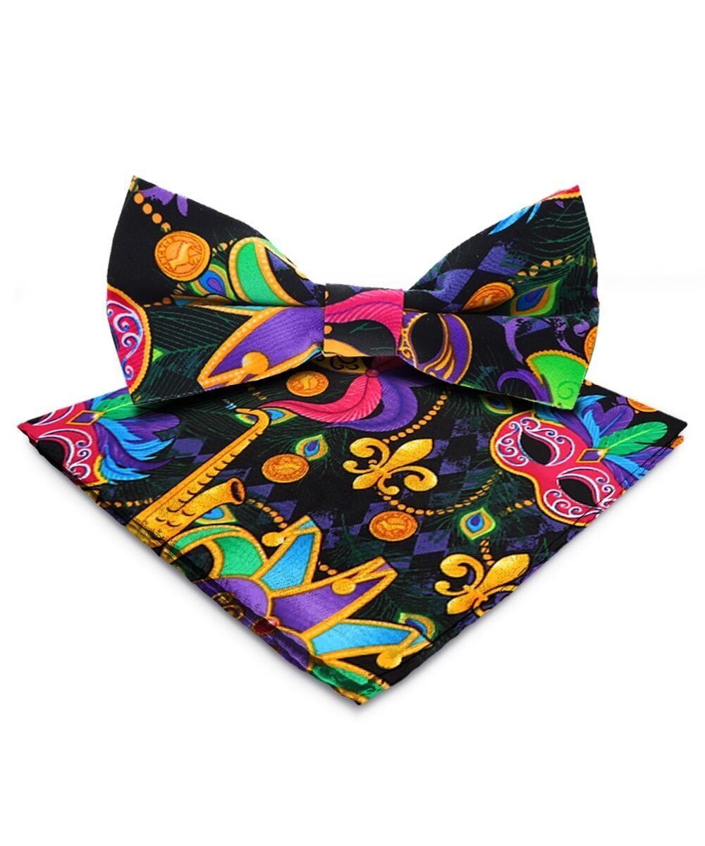 Vittorio Farina Men's Mardi Gras Satin Bow Tie & Pocket Square in Gift Box - Suits You Sir - Mardi 1: Vibrant Masquerade Mask -