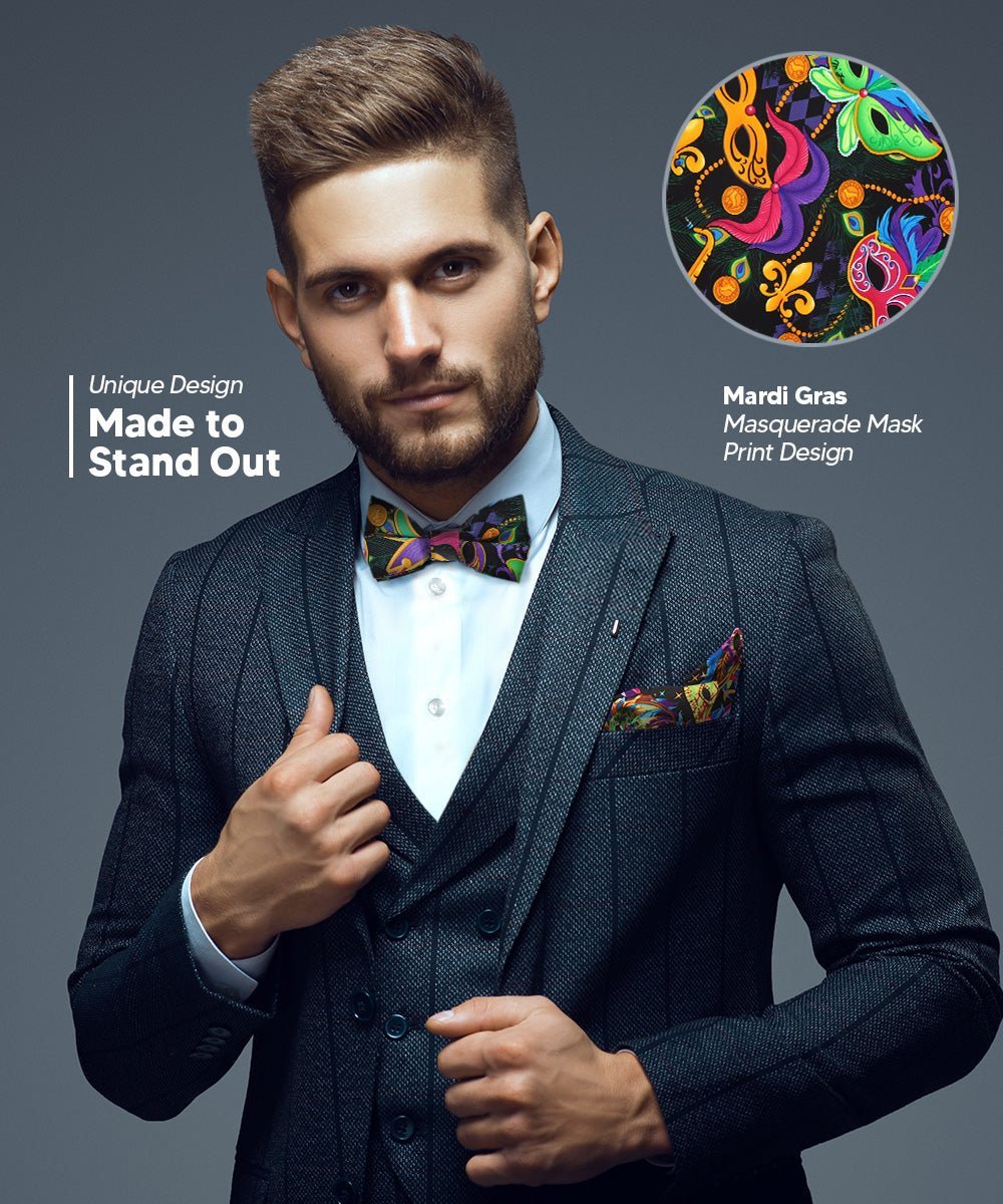 Vittorio Farina Men's Mardi Gras Satin Bow Tie & Pocket Square in Gift Box - Suits You Sir - Mardi 1: Vibrant Masquerade Mask -
