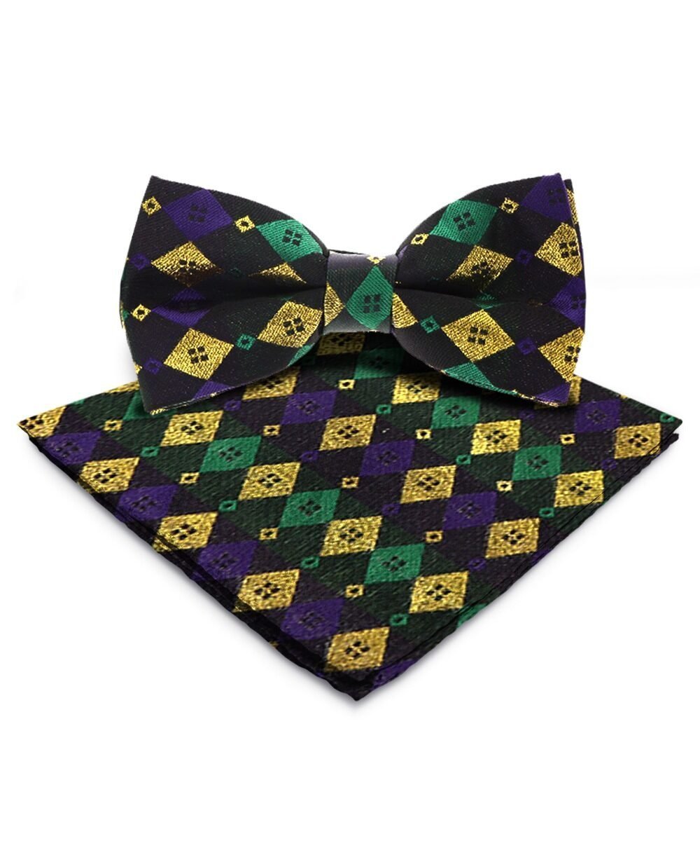 Vittorio Farina Men's Mardi Gras Satin Bow Tie & Pocket Square in Gift Box - Suits You Sir - Mardi 2: Metallic Harlequin -