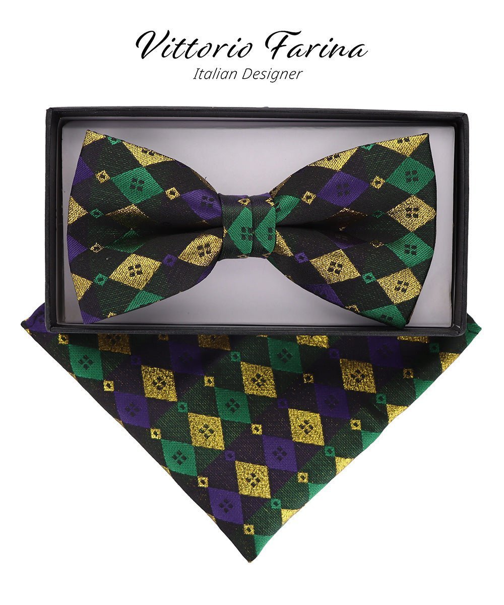Vittorio Farina Men's Mardi Gras Satin Bow Tie & Pocket Square in Gift Box - Suits You Sir - Mardi 2: Metallic Harlequin -