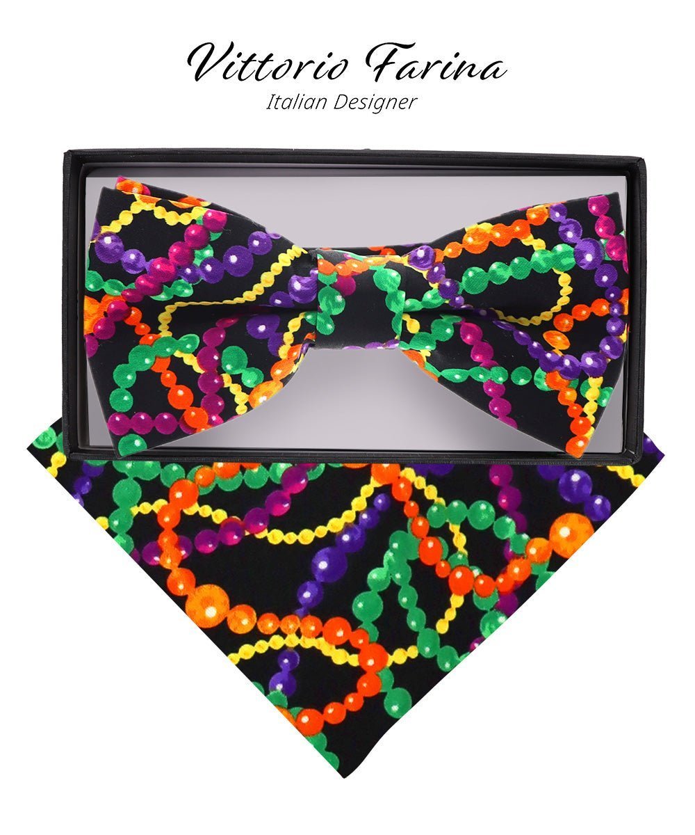 Vittorio Farina Men's Mardi Gras Satin Bow Tie & Pocket Square in Gift Box - Suits You Sir - Mardi 4: Vibrant Colorful Bead -