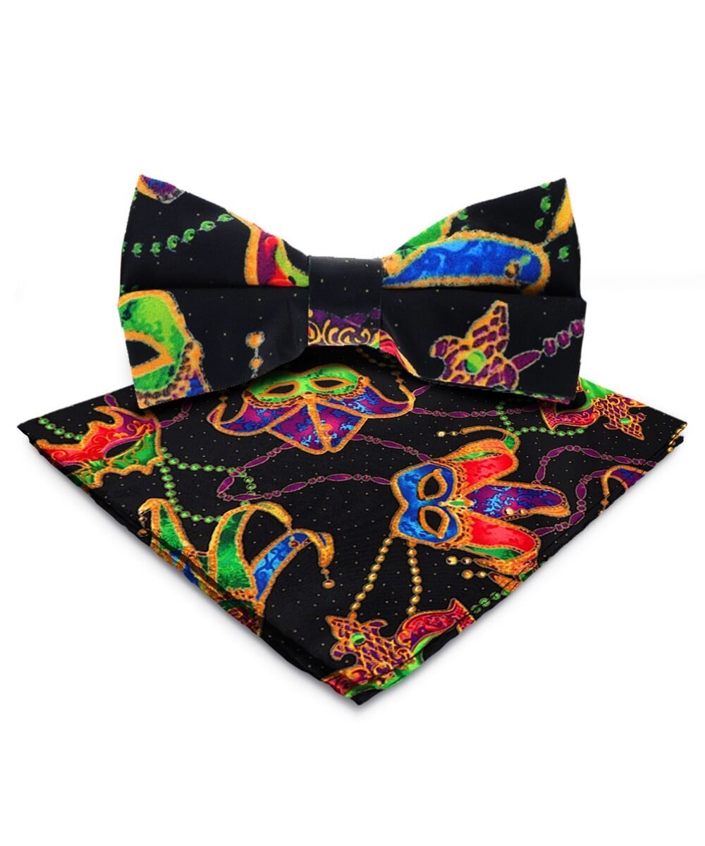 Vittorio Farina Men's Mardi Gras Satin Bow Tie & Pocket Square in Gift Box - Suits You Sir - Mardi 5: Colorful Black Mask -