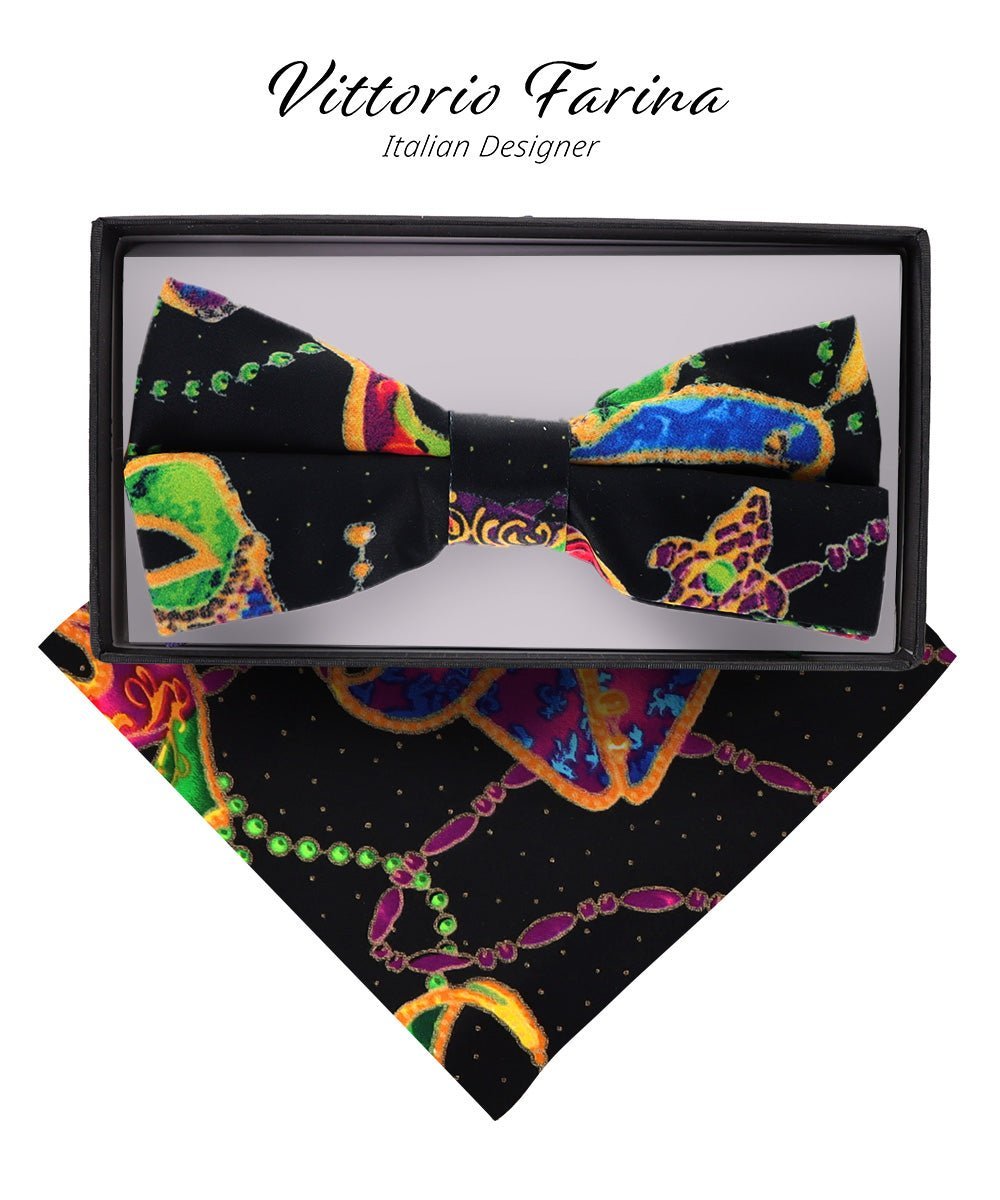 Vittorio Farina Men's Mardi Gras Satin Bow Tie & Pocket Square in Gift Box - Suits You Sir - Mardi 5: Colorful Black Mask -