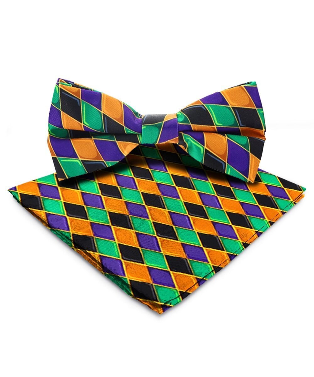 Vittorio Farina Men's Mardi Gras Satin Bow Tie & Pocket Square in Gift Box - Suits You Sir - Mardi 6: Harlequin -