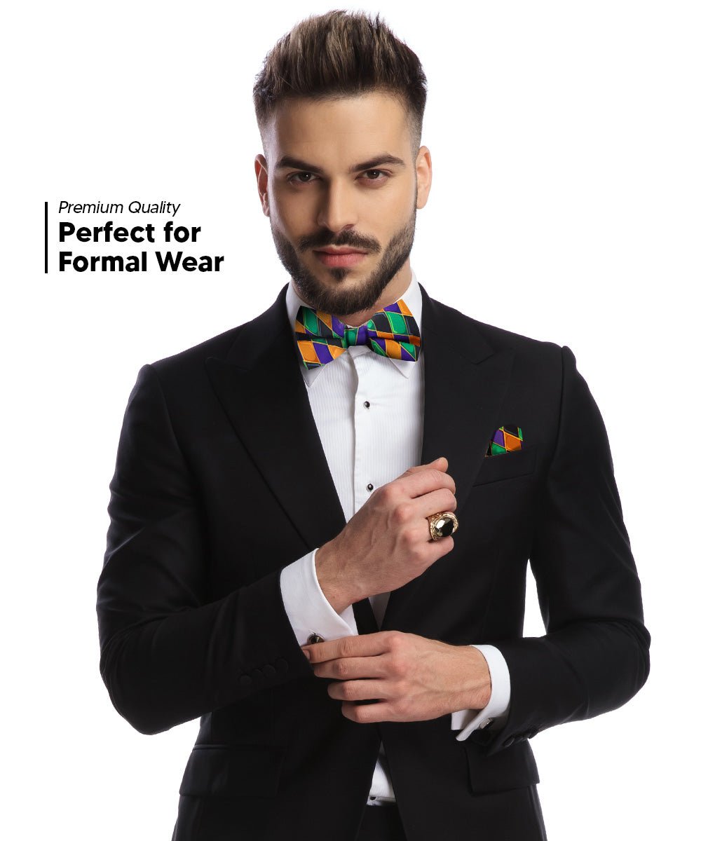 Vittorio Farina Men's Mardi Gras Satin Bow Tie & Pocket Square in Gift Box - Suits You Sir - Mardi 6: Harlequin -