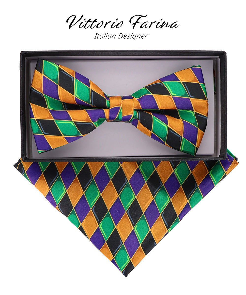 Vittorio Farina Men's Mardi Gras Satin Bow Tie & Pocket Square in Gift Box - Suits You Sir - Mardi 6: Harlequin -
