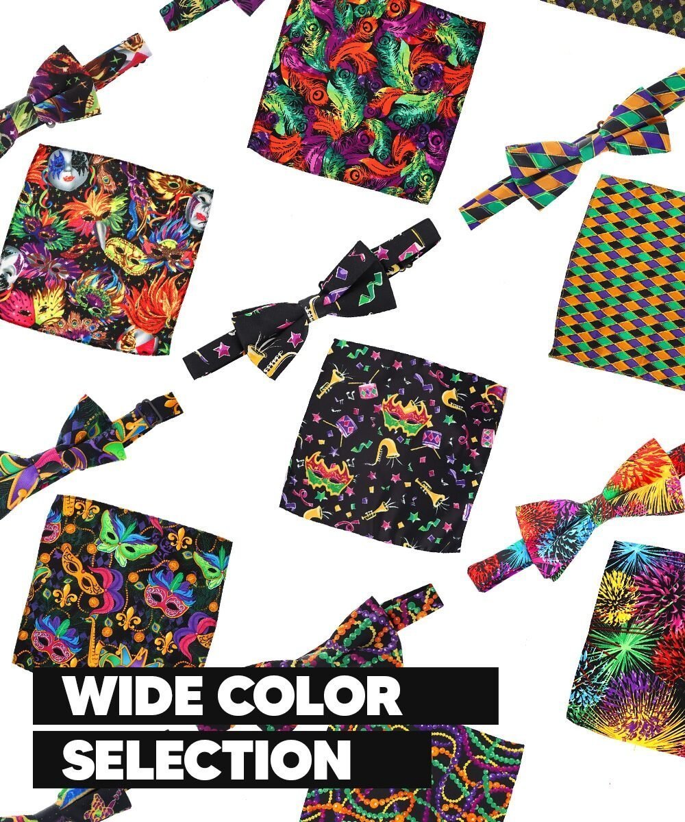 Vittorio Farina Men's Mardi Gras Satin Bow Tie & Pocket Square in Gift Box - Suits You Sir - Mardi Original: Vibrant Party Mask -