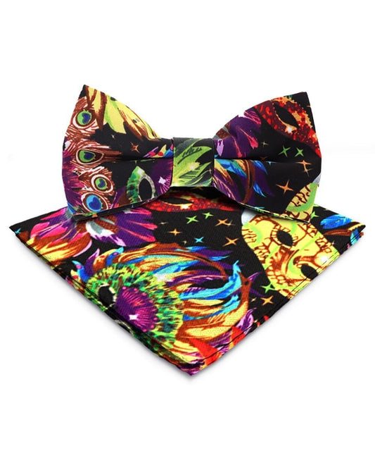 Vittorio Farina Men's Mardi Gras Satin Bow Tie & Pocket Square in Gift Box - Suits You Sir - Mardi Original: Vibrant Party Mask -
