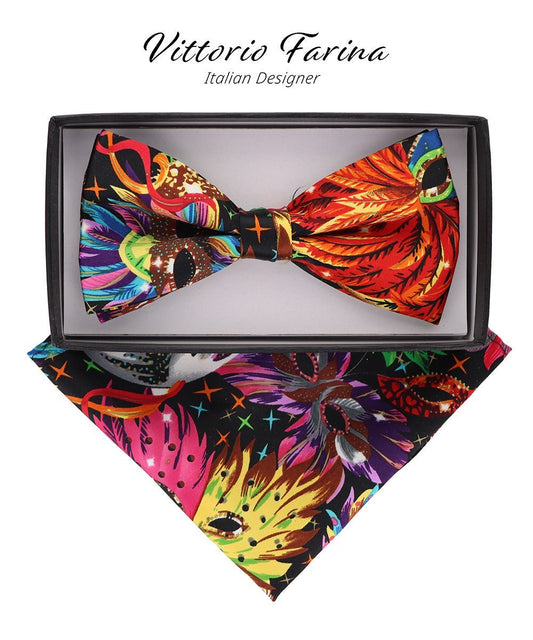 Vittorio Farina Men's Mardi Gras Satin Bow Tie & Pocket Square in Gift Box - Suits You Sir - Mardi Original: Vibrant Party Mask -