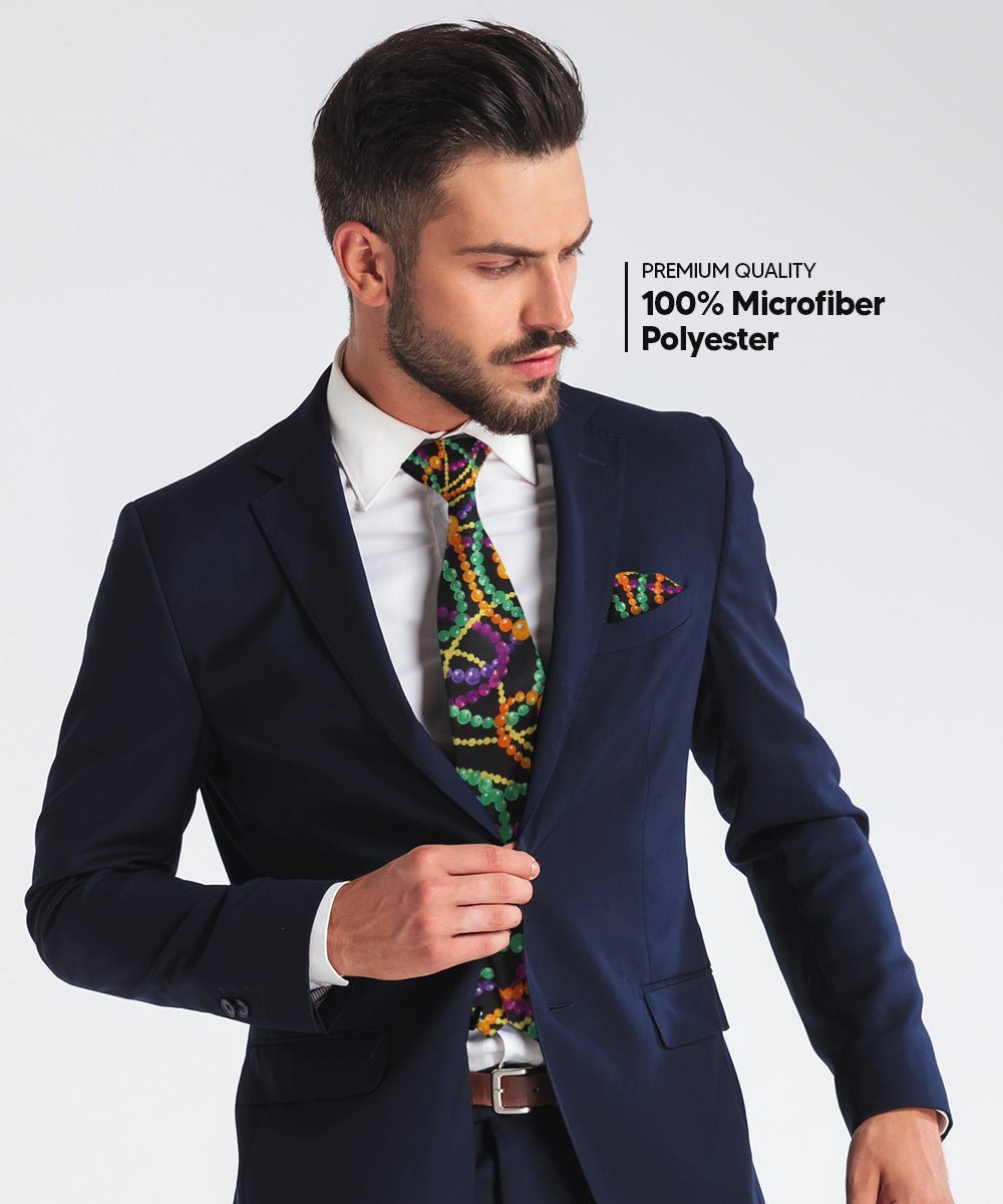 Vittorio Farina Men's Mardi Gras Satin Necktie and Pocket Square - Suits You Sir - Mardi 4: Vibrant Colorful Bead -