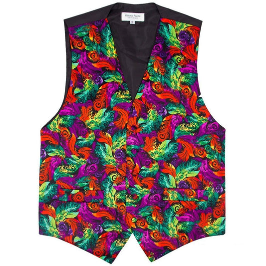 Vittorio Farina Men's Mardi Gras Satin Vest and Bow Tie Set - Suits You Sir - Mardi 3: Vibrant Feather - S