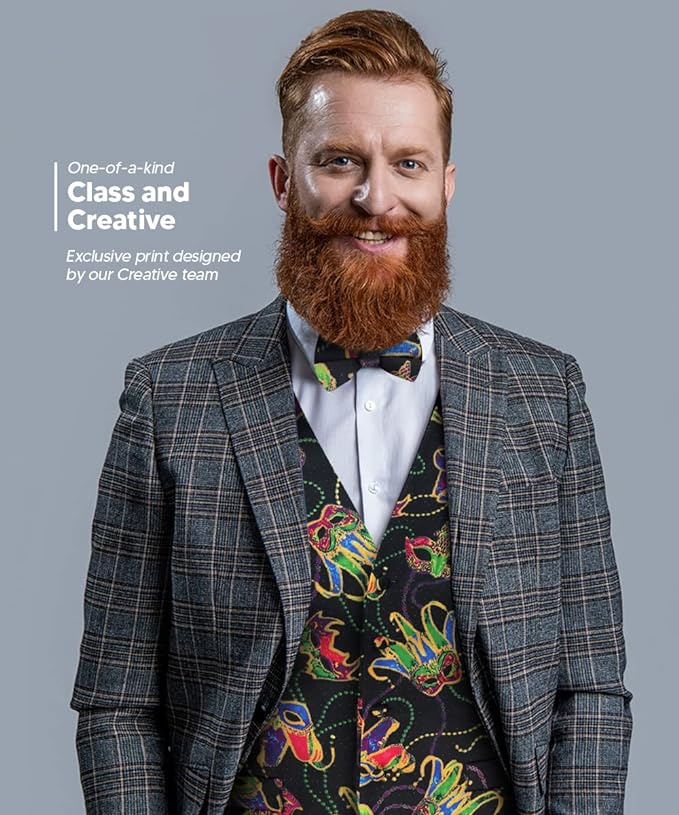 Vittorio Farina Men's Mardi Gras Satin Vest and Bow Tie Set - Suits You Sir - Mardi 5: Colorful Black Mask - S