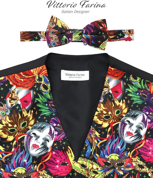 Vittorio Farina Men's Mardi Gras Satin Vest and Bow Tie Set - Suits You Sir - Mardi Original: Vibrant Party Mask - S