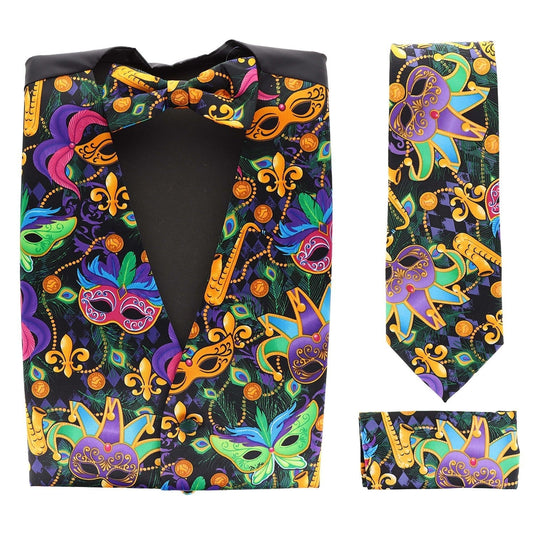 Vittorio Farina Men's Mardi Gras Satin Vest, Necktie, Bow Tie and Pocket Square Set - Suits You Sir - Mardi 1: Vibrant Masquerade Mask - S