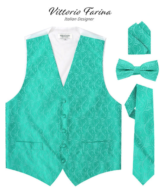 Vittorio Farina Men's Mint Woven Paisley Vest, Necktie, Bow Tie and Pocket Square Set (White Back) - Suits You Sir - Aqua - XS