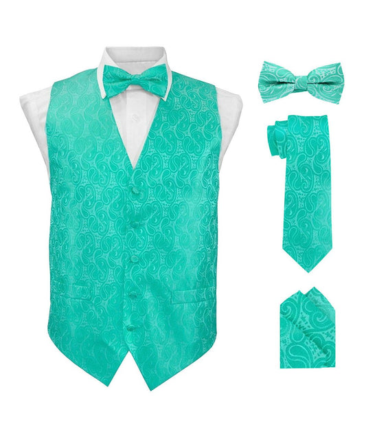 Vittorio Farina Men's Mint Woven Paisley Vest, Necktie, Bow Tie and Pocket Square Set (White Back) - Suits You Sir - Aqua - XS