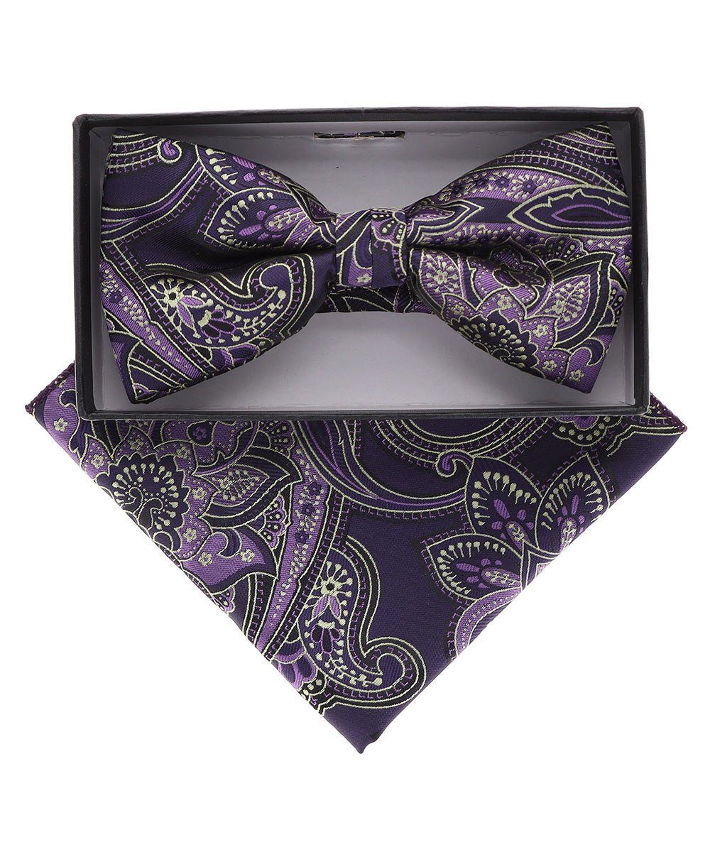 Vittorio Farina Men's Paisley Design Satin Bow Tie & Pocket Square in Gift Box - Suits You Sir - BH - 21066 -