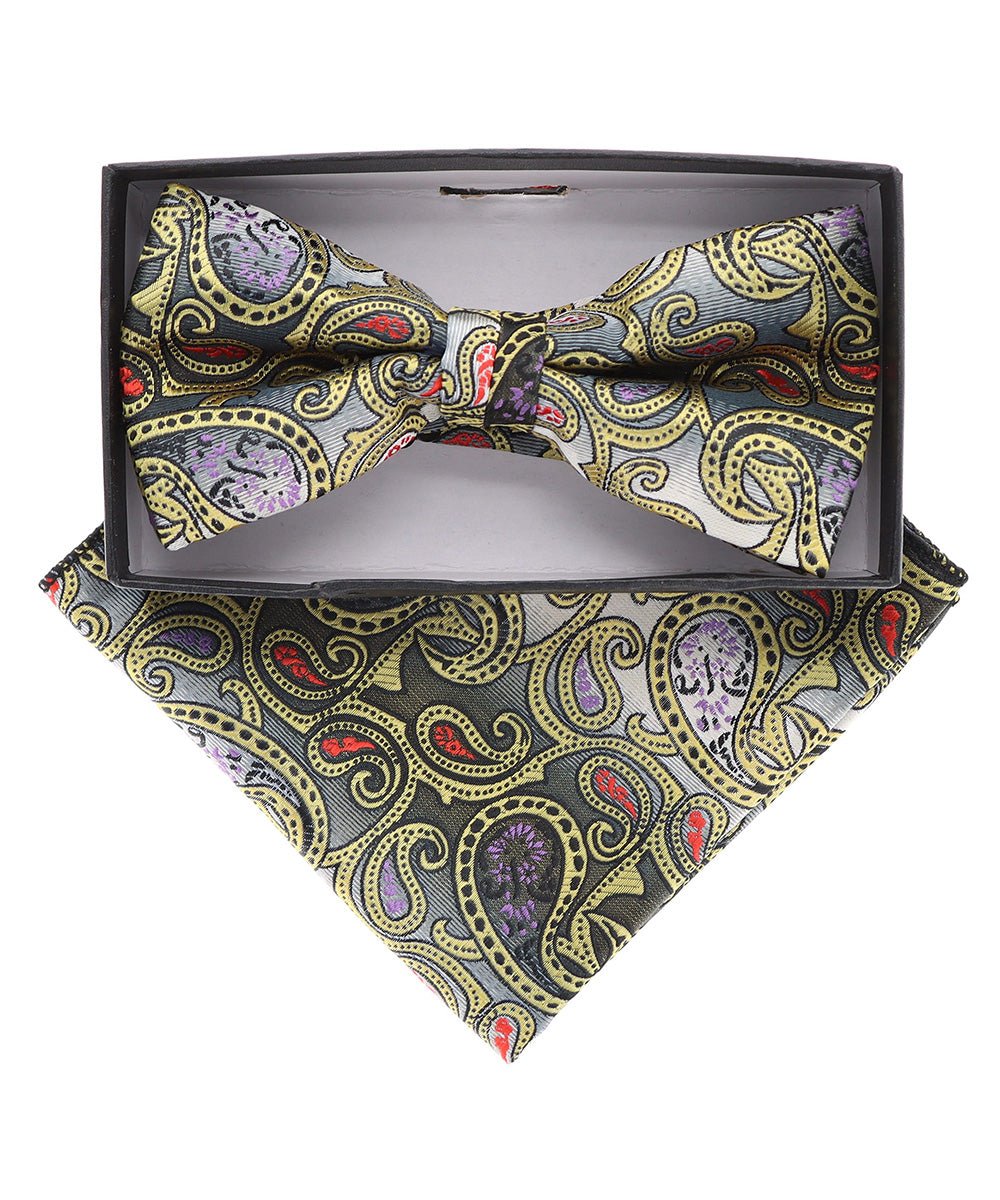 Vittorio Farina Men's Paisley Design Satin Bow Tie & Pocket Square in Gift Box - Suits You Sir - BH - 21103 -