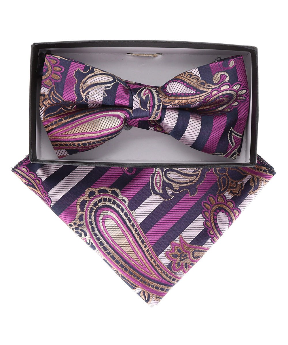 Vittorio Farina Men's Paisley Design Satin Bow Tie & Pocket Square in Gift Box - Suits You Sir - BH - 21117 -