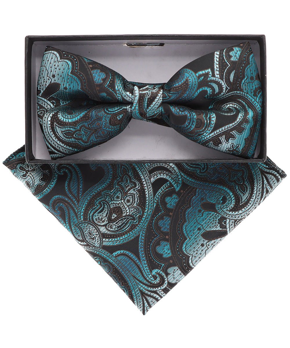 Vittorio Farina Men's Paisley Design Satin Bow Tie & Pocket Square in Gift Box - Suits You Sir - BH - 21136 -
